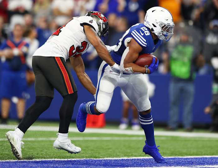 Indianapolis Colts running back Jonathan Taylor (28) goes in for a late game touchdown Sunday, Nov. 28, 2021, during a game against the Tampa Bay Buccaneers at Lucas Oil Stadium in Indianapolis.